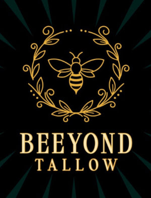 Logo of BEEVYOND TALLOW with a bee design on a dark background with honeycomb pattern